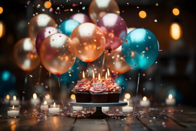 Grande table avec un gateau d'anniversaire, des ballons et des confettis